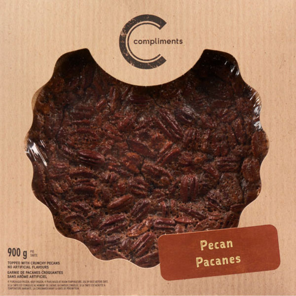 square brown box with scalloped edge clear window showing pecan pie filling