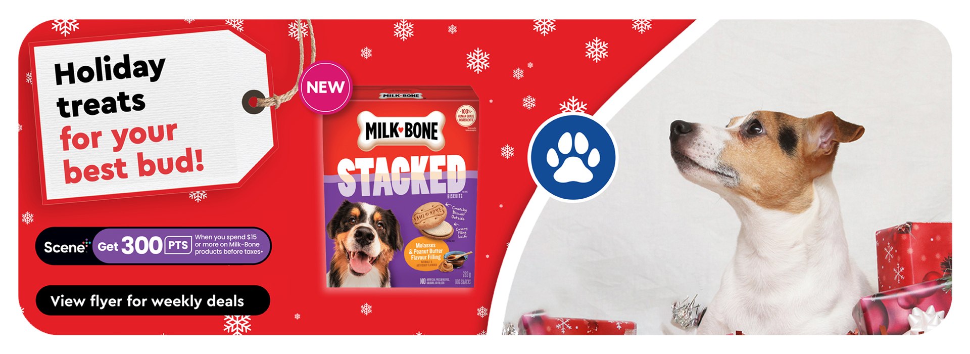 Text Reading 'Holiday treats for your best bud! With Scene+, get 300 points, when you spend $15 or more on Milk-Bone products before taxes. To 'View flyer for weekly deals', click on the button given below.'
