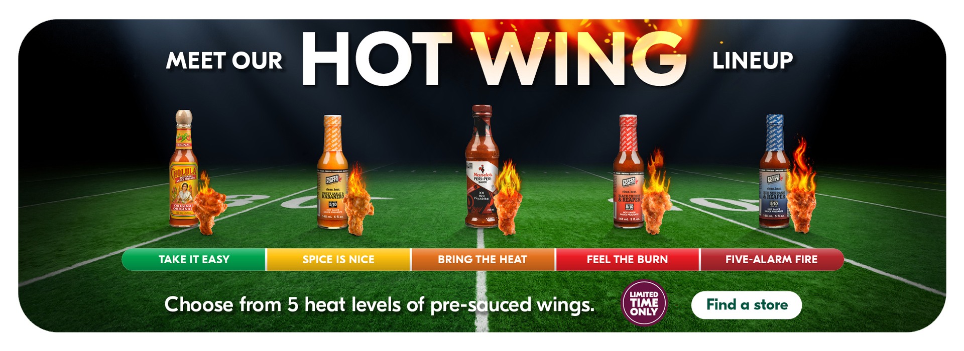 Text Reading 'Meet our Hot Wing Lineup and choose from 5 heat levels of pre-sauced wings. This offer is only available for a limited time. "Find a store" from the button given below.'