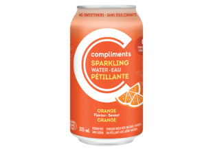 An orange tin can of Compliments Orange Flavour Sparkling Water.
