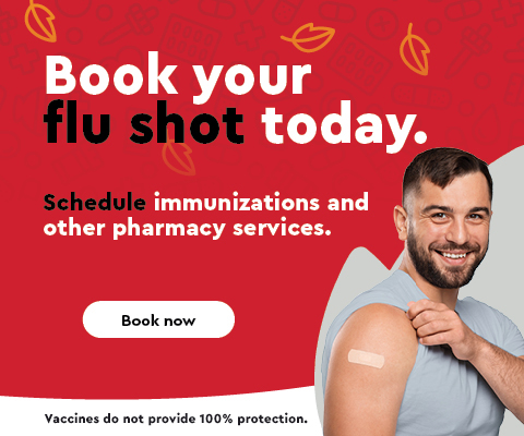 Text Reading " Book your flu shots today, Schedule Immunizations and other pharmacy services." Click on book now button to book the vaccine.