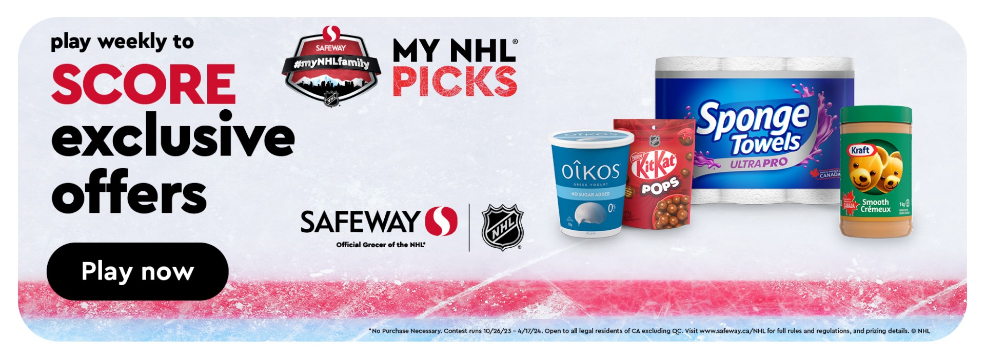 Text reading "Play weekly to score exclusive offers" along with the 'Play Now' button at the bottom and on the right side picture of some grocery products. The 'Safeway My NHL family - My NHL PICKS' logo is in the center.