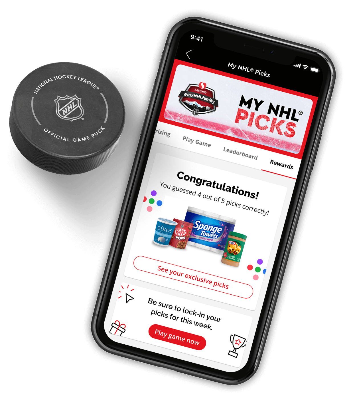 An image showing the Safeway My NHL PICKS App running on a smartphone with rewards section.